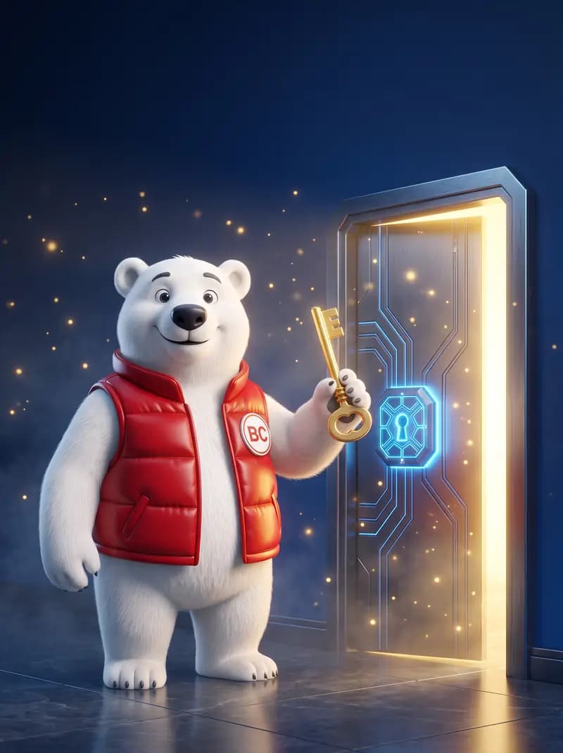 The polar bear mascot unlocks the glowing club door with a golden key
